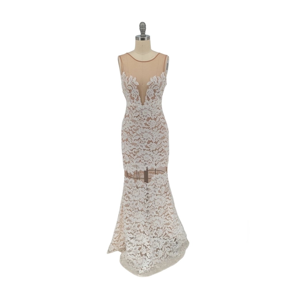 01432 BCBGMaxazria Lace Overlay Mermaid Dress Ivory Cream Size 0 wedding boho